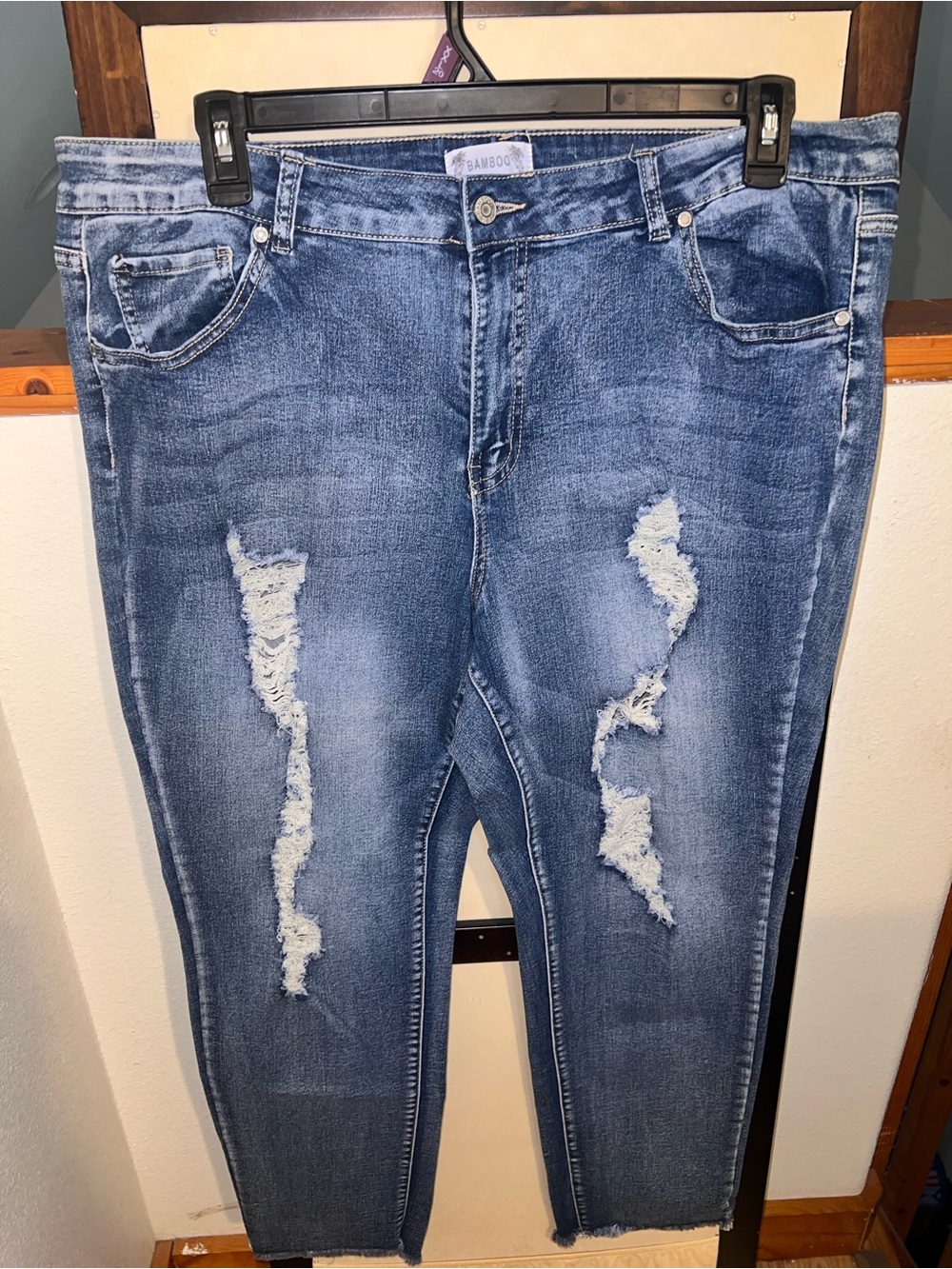 BAMBOO Distressed Medium Blue Skinny Jeans